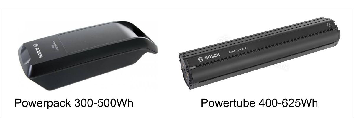 Winora používá baterie Bosch powerpack 400 - 500 Wh a powertube 500Wh
